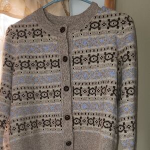 Marled Beige and Light Blue Patterned Cardigan
